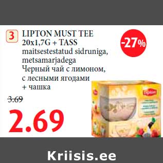 Allahindlus - LIPTON MUST TEE 20x1,7G + TASS maitsestestatud sidruniga, metsamarjadega