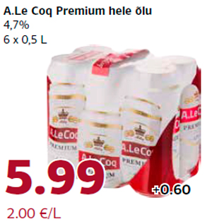 Allahindlus - A.Le Coq Premium hele õlu 4,7% 6 x 0,5 L