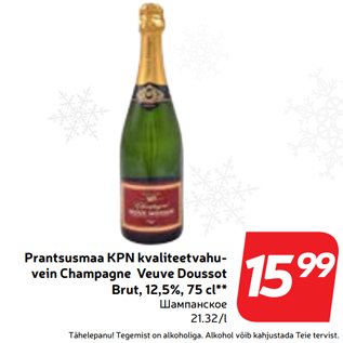 Allahindlus - Prantsusmaa KPN kvaliteetvahuvein Champagne Veuve Doussot Brut, 12,5%, 75 cl**