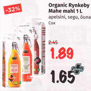 Allahindlus - Organic Rynkeby Mahe mahl 1 L