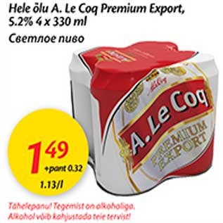 Allahindlus - Hele õlu A.Le Coq Premium Export, 5.2% 4х330ml