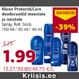 Allahindlus - Nivea Protect&Care deodorandid meestele ja naistele