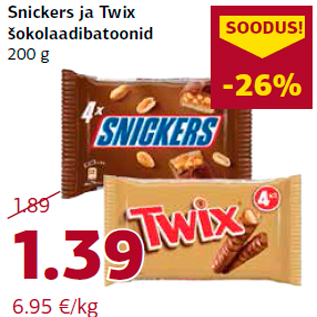 Allahindlus - Snickers ja Twix šokolaadibatoonid 200 g