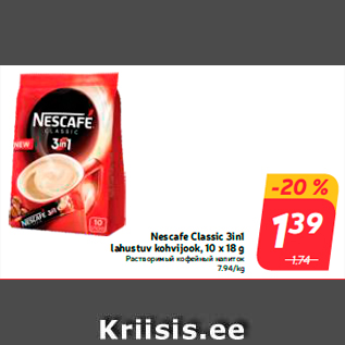 Allahindlus - Nescafe Classic 3in1 lahustuv kohvijook, 10 x 18 g