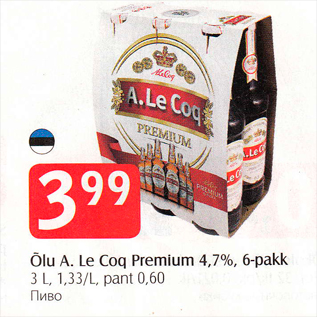 Allahindlus - Õlu A.Le Coq Premium 4,7%, 6-pakk