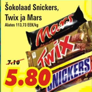 Allahindlus - Šokolaad Snickers Twix ja Mars