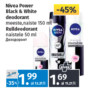 Allahindlus - Nivea Power Black & White deodorant meeste,naiste 150 ml Rulldeodorant naistele 50 ml