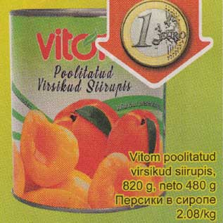 Allahindlus - Vitom poolitatud virsikud siirupis, 820 g, neto 480 g