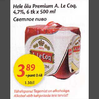 Allahindlus - Hele õlu Premium A. Le Coq,4,7%, 6 tk х 500 ml