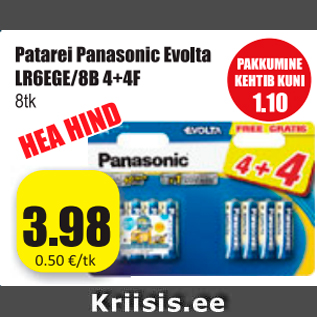 Allahindlus - Patarei Panasonic Evolta LREGE/88 4+4F 8tk