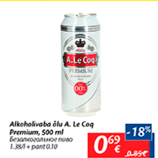 Allahindlus - Alkohoolivaba õlu A.Le Coq Premium, 500 ml