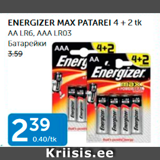 Allahindlus - ENERGIZER MAX PATAREI 4 + 2 TK