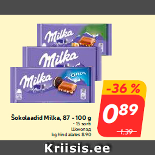 Allahindlus - Šokolaadid Milka, 87 - 100 g