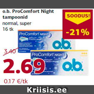 Allahindlus - o.b. ProComfort Night tampoonid