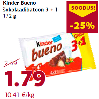 Allahindlus - Kinder Bueno šokolaadibatoon 3 + 1 172 g