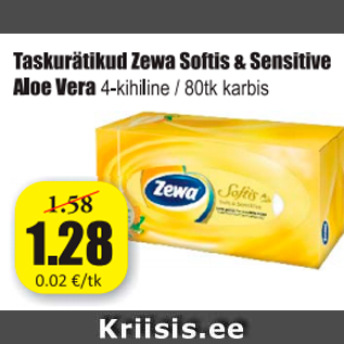 Allahindlus - Taskurätikud Zewa Softis & Sensitive Aloe Vera