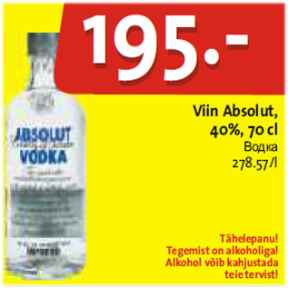 Allahindlus - Viin Absolut, 40%, 70 cl