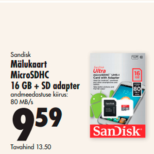 Allahindlus - Sandisk Mälukaart MicroSDHC 16 GB + SD adapter