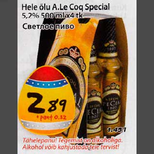 Allahindlus - Hele õlu A.Le Cog Special 5,2% 500mlx4tk