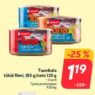 Allahindlus - Tuunikala tükid Rimi, 185 g/neto 130 g