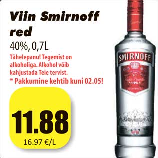 Allahindlus - Viin Smirnoff red 40%,0,7L