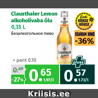 Allahindlus - Clausthaler Lemon alkoholivaba õlu 0,33 L