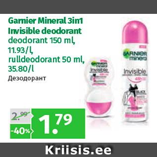 Allahindlus - Garnier Mineral 3in1 Invisible deodorant