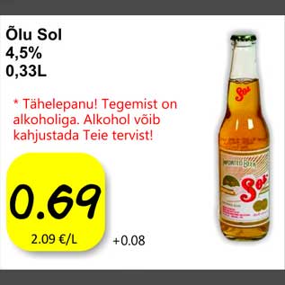 Allahindlus - Õlu Sol 4,5% 0,33l