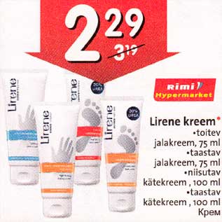 Allahindlus - Lirene kreem* .toitev jalakreem,75 ml .taastav jalakreem,75 ml . niisutav kätekreem,100 ml .taastav kätekreem,100 ml