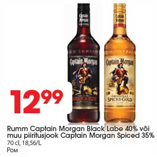 Allahindlus - Rumm Captain Morgan Black Labe 40% või muu piiritusjook Captain Morgan Spiced 35% 70 cl,