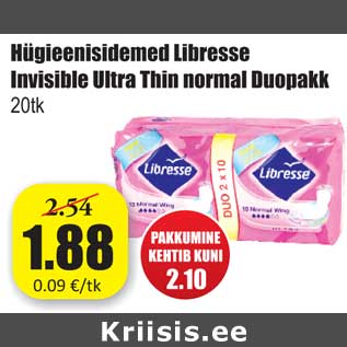 Allahindlus - Hügieenisidemed Libresse Invisible Ultra Thin normal Duopakk 20tk