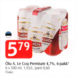 Allahindlus - Õlu A. Le Coq Premium 4,7%, 6-pakk*