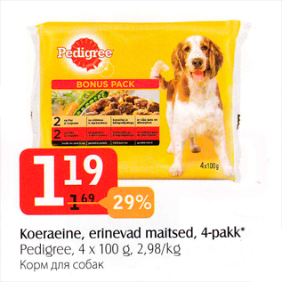 Allahindlus - Koeraeine, erinevad maitsed, 4-pakk* Pedigree, 4 x 100 g, 2,98/kg