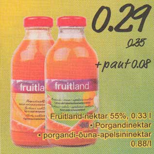 Allahindlus - Fruitlаnd nektаr 55%, 0.З3 l . Porgandinektar . роrgаndi-õunа-ареlsininеktаr