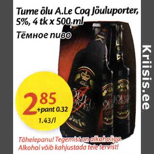 Allahindlus - Tume õlu A.Le Coq Jõuluporter, 5%, 4tkx500 ml