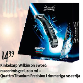 Allahindlus - Kinkekarp Wilkinson Sword: raseerimisgeel+ Quattro Titanium Precision trimeeriga raseerija