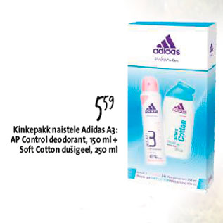 Allahindlus - Kinkepakk naistele Adidas A3: AP Control deodorant+Soft Cotton duigeel