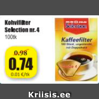 Allahindlus - Kohvifilter Selection nr.4, 100 tk