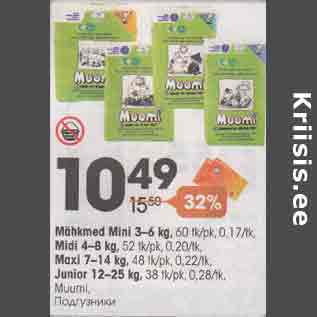 Allahindlus - Miähkmed Mini 3-6 kg, 60 tk/pk, 0.17/tk, Midi 4-8 kg,52 tk/pk,0,20/tk, Maxi 7-14 kg,48 tk/pk,0,22/tk, Junior 12-25 kg, 38 tk/pk,0,28tk,