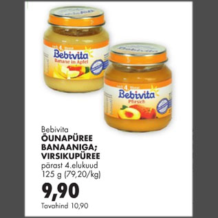 Allahindlus - Bebivita ÕUNAPÜREE BANAANIGA; VIRSIKUPÜREE pärast 4,elukuud