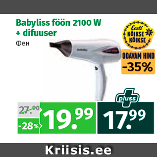 Allahindlus - Babyliss föön 2100 W + difuuser