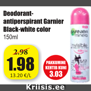 Allahindlus - Deodorant antiperspirant Garnier Black-white color 150 ml