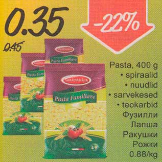 Allahindlus - Pasta, 400 g . spiraalid .nuudlid . sarvekesed . teokarbid