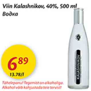 Allahindlus - Viin Kalashnikov, 40%, 500 ml