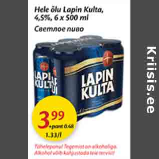 Allahindlus - Hele õlu Lapin Kulta, 4,5%, 6 x 500 ml