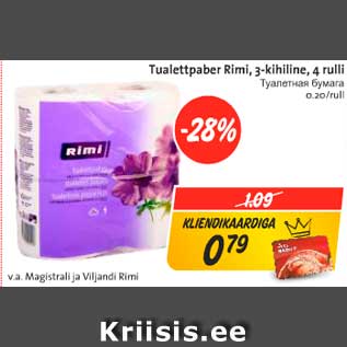 Allahindlus - Tualettpaber Rimi, 3-kihiline, 4 rulli