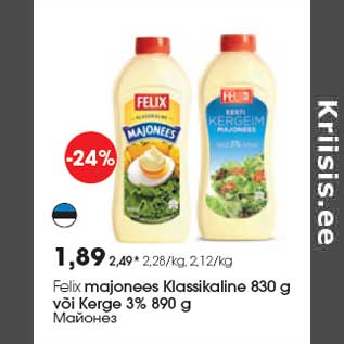 Allahindlus - Felix majonees Klassikaline 830 g või Kerge 3% 890 g