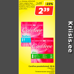 Allahindlus - Carefree pesukaitsmed, 58 tk • Flexiform • Aloe