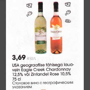 Allahindlus - USA geograafilise tähisеga lauavein Eagle Сrееk Сhardоnnaу I2,5% või Zinfandel Rose l0,5% 75 cl