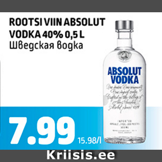 Allahindlus - ROOTSI VIIN ABSOLUT VODKA